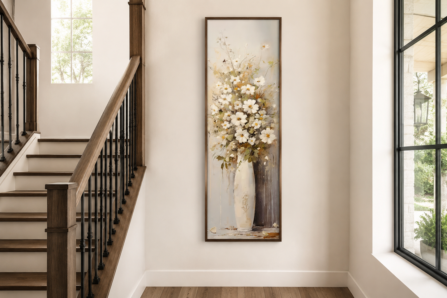 Tall Narrow White Wildflowers In Vase Farmhouse Vertical Framed Canvas Wall Art