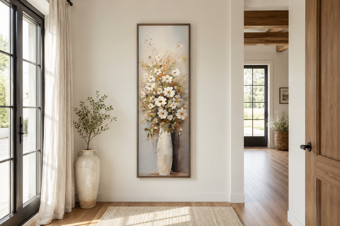 Tall Narrow White Wildflowers In Vase Farmhouse Vertical Framed Canvas Wall Art