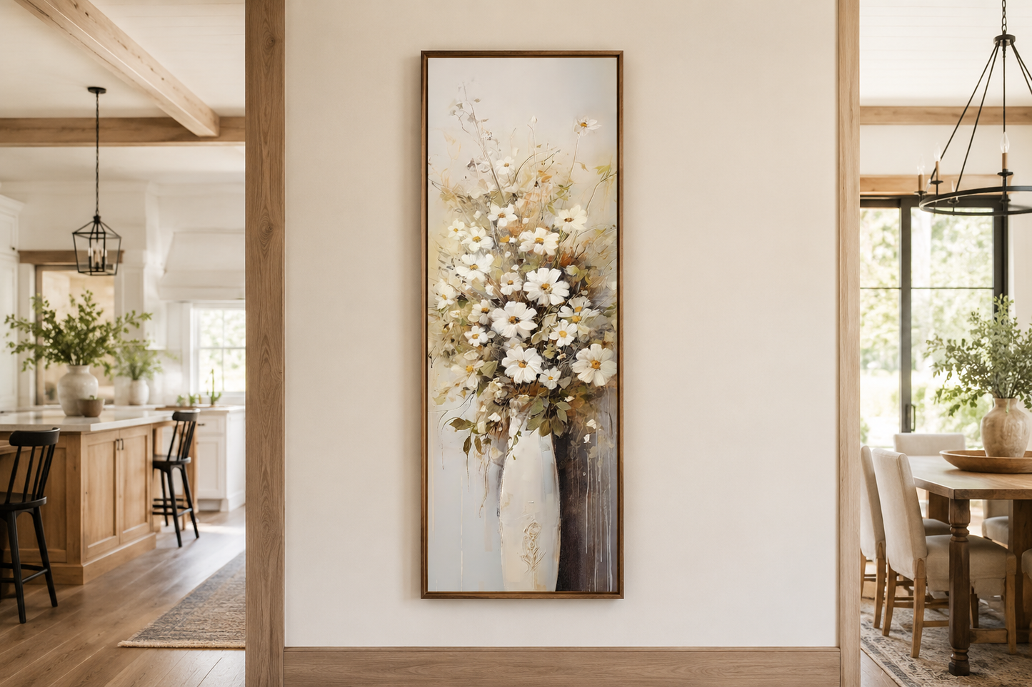 Tall Narrow White Wildflowers In Vase Farmhouse Vertical Framed Canvas Wall Art