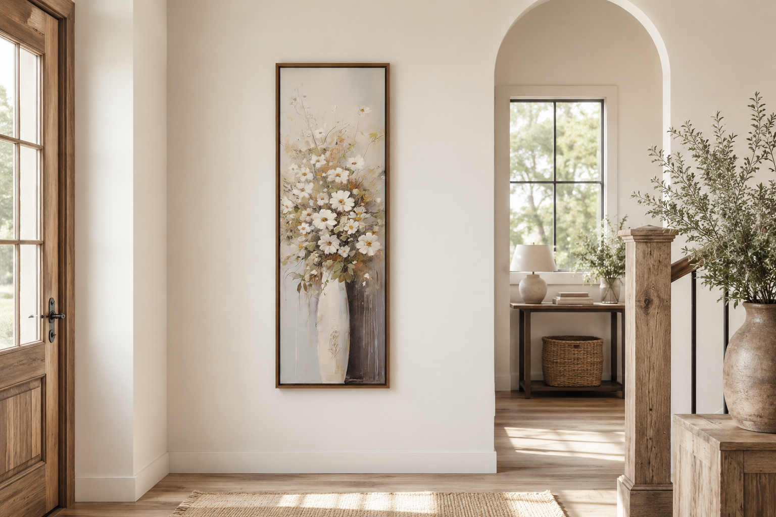 Tall Narrow White Wildflowers In Vase Farmhouse Vertical Framed Canvas Wall Art