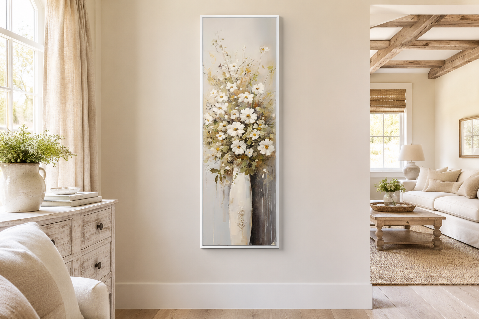 Tall Narrow White Wildflowers In Vase Farmhouse Vertical Framed Canvas Wall Art