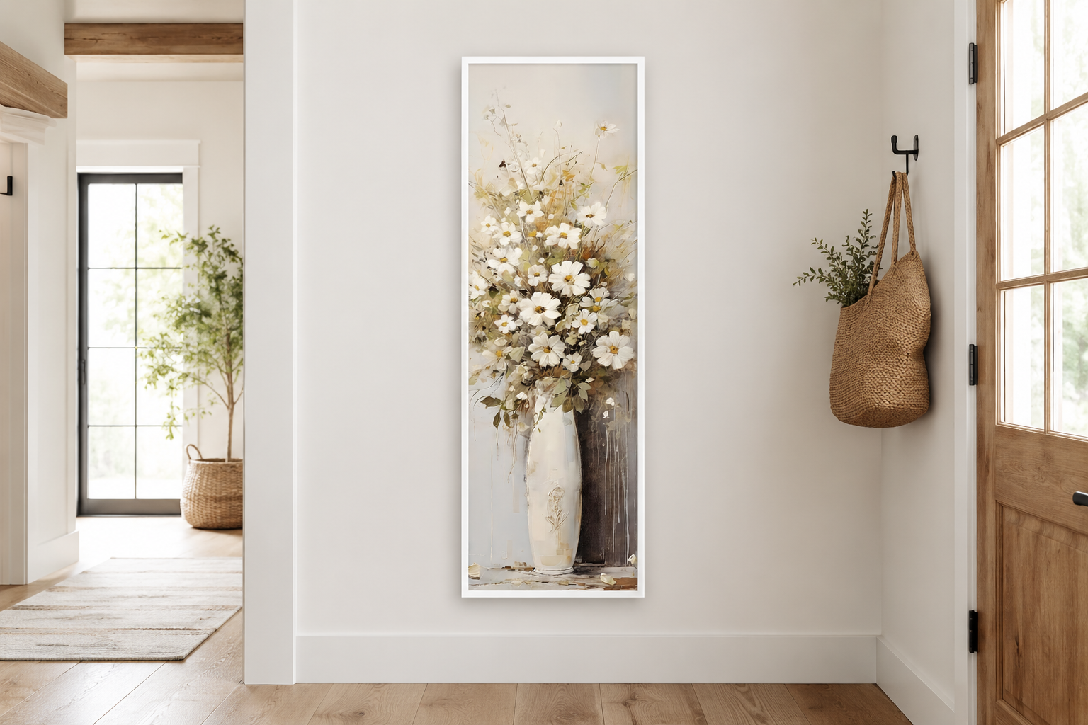 Tall Narrow White Wildflowers In Vase Farmhouse Vertical Framed Canvas Wall Art
