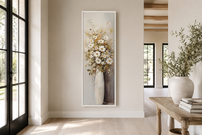 Tall Narrow White Wildflowers In Vase Farmhouse Vertical Framed Canvas Wall Art