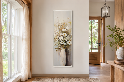 Tall Narrow White Wildflowers In Vase Farmhouse Vertical Framed Canvas Wall Art