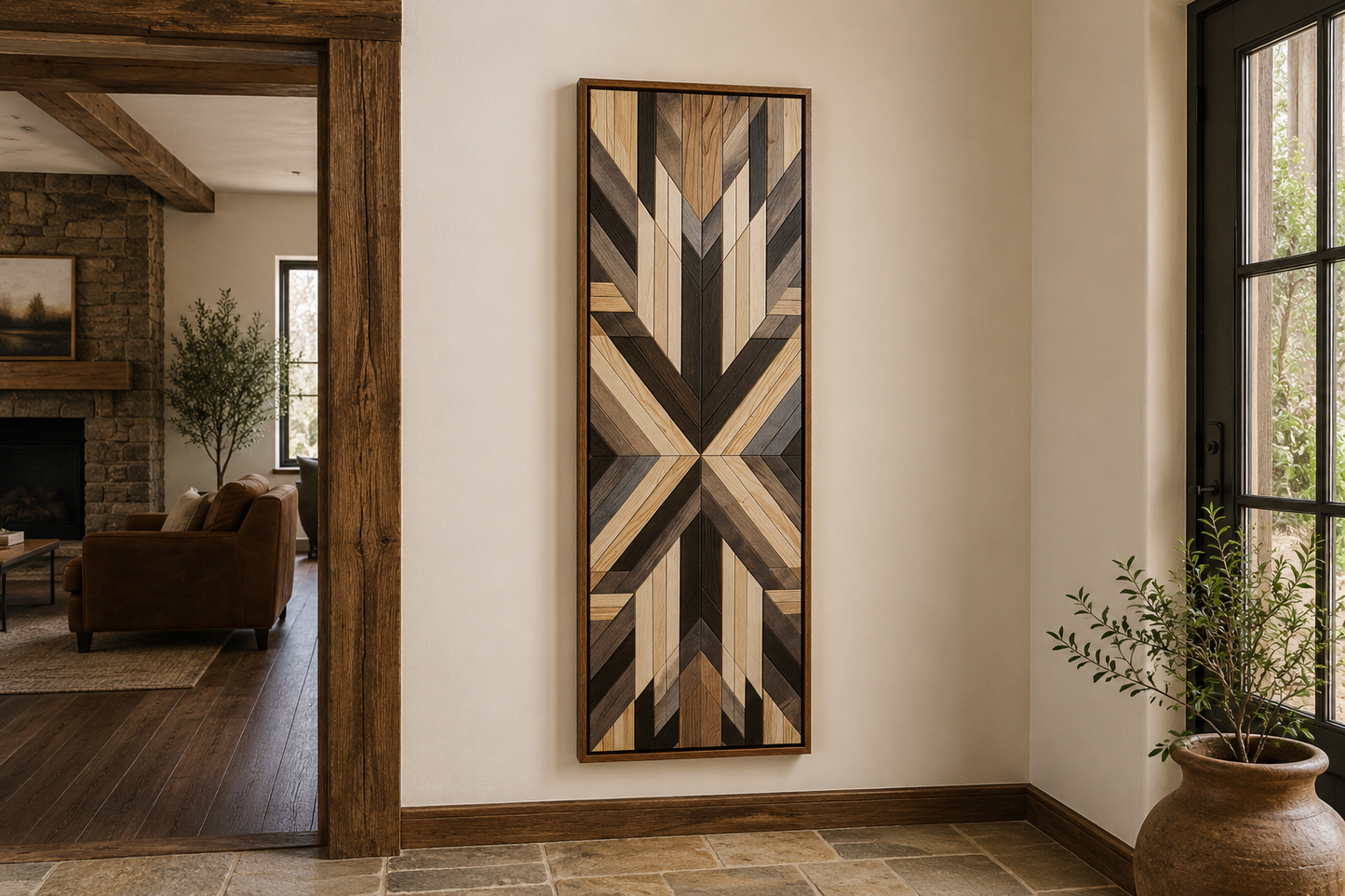 Tall Narrow Neutral Brown Aztec Inspired Vertical Framed Canvas Wall Art