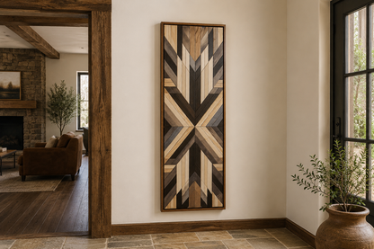Tall Narrow Neutral Brown Aztec Inspired Vertical Framed Canvas Wall Art