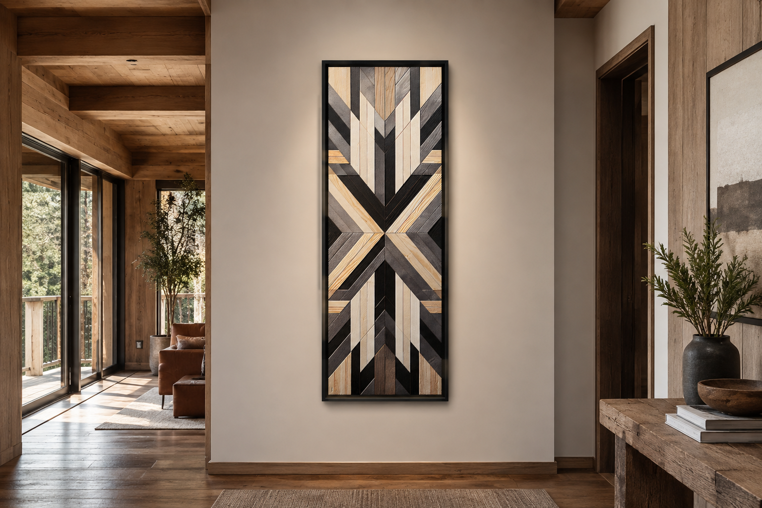 Tall Narrow Neutral Brown Aztec Inspired Vertical Framed Canvas Wall Art