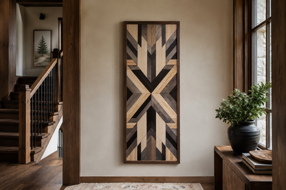 Tall Narrow Neutral Brown Aztec Inspired Vertical Framed Canvas Wall Art