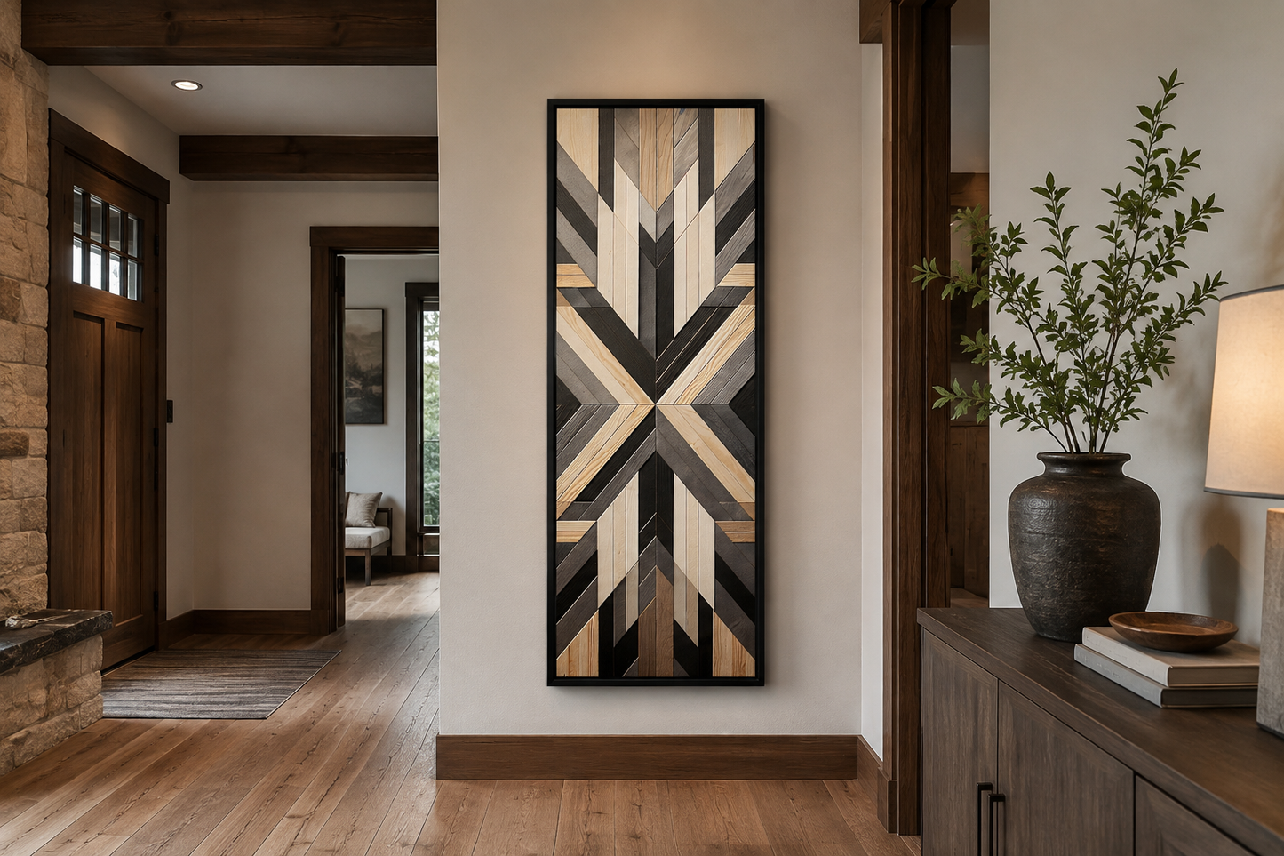 Tall Narrow Neutral Brown Aztec Inspired Vertical Framed Canvas Wall Art