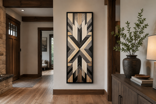 Tall Narrow Neutral Brown Aztec Inspired Vertical Framed Canvas Wall Art