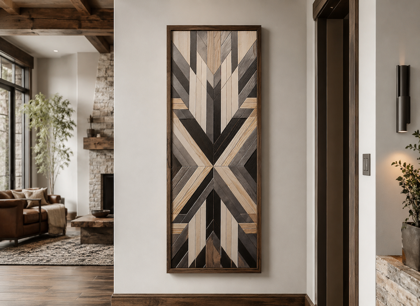 Tall Narrow Neutral Brown Aztec Inspired Vertical Framed Canvas Wall Art