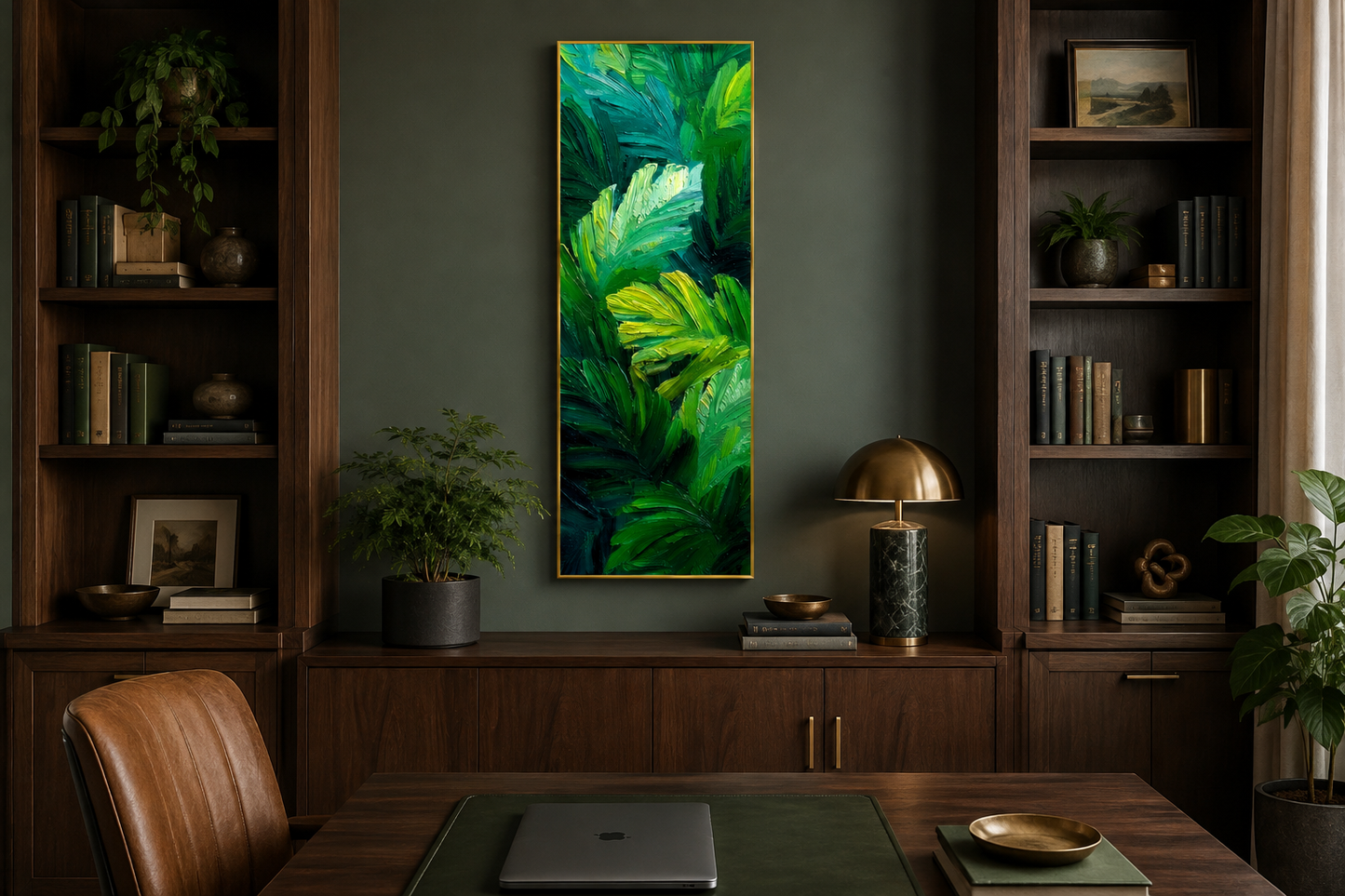 Tropical Leaves Wall Art | Vertical Jungle Botanical Painting on Narrow Canvas Print