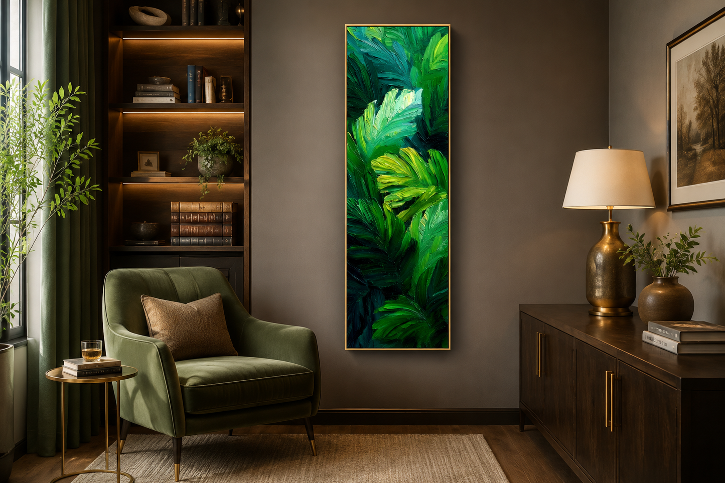Tropical Leaves Wall Art | Vertical Jungle Botanical Painting on Narrow Canvas Print