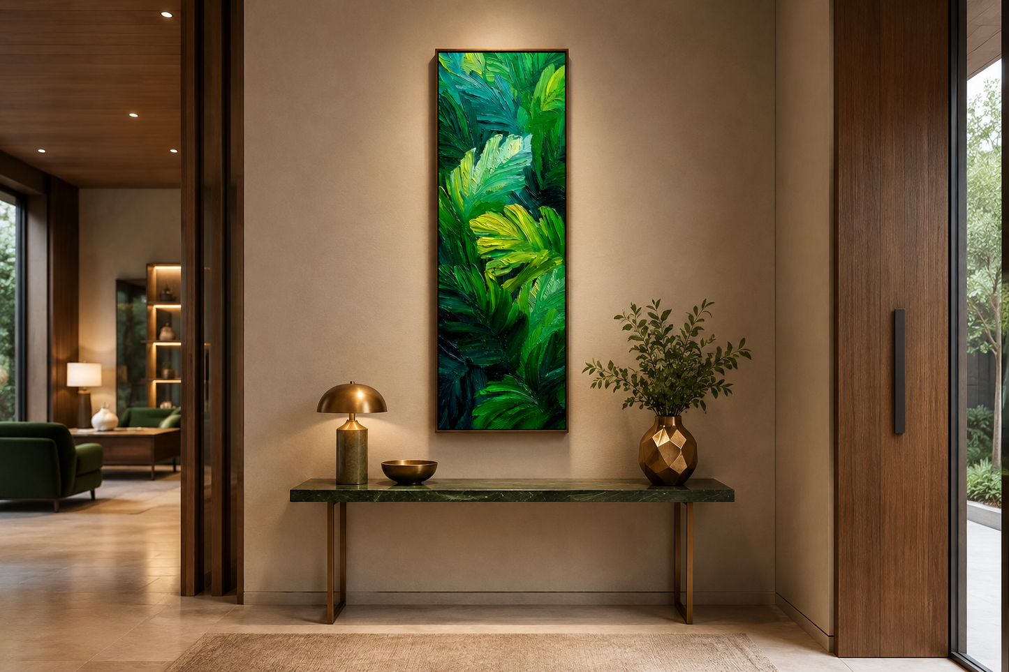 Tropical Leaves Wall Art | Vertical Jungle Botanical Painting on Narrow Canvas Print