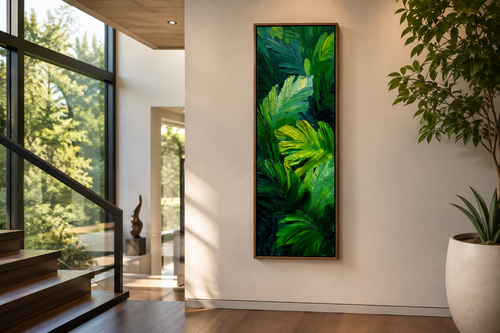 Tropical Leaves Wall Art | Vertical Jungle Botanical Painting on Narrow Canvas Print