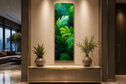 Tropical Leaves Wall Art | Vertical Jungle Botanical Painting on Narrow Canvas Print