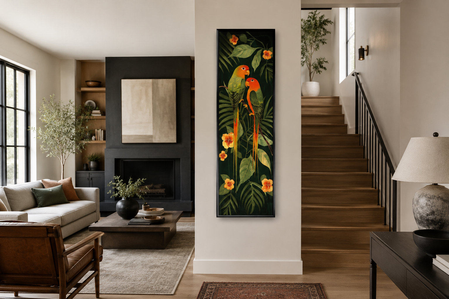 Tall Vertical Tropical Birds In Jungle Leaves Framed Canvas Wall Art