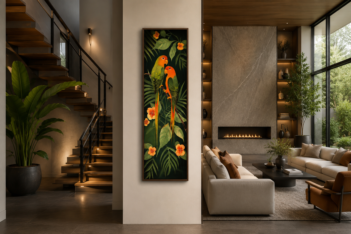 Tall Vertical Tropical Birds In Jungle Leaves Framed Canvas Wall Art