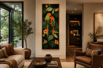 Tall Vertical Tropical Birds In Jungle Leaves Framed Canvas Wall Art