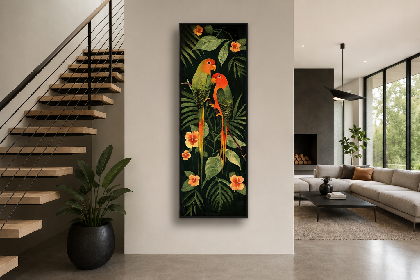Tall Vertical Tropical Birds In Jungle Leaves Framed Canvas Wall Art