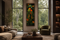 Tall Vertical Tropical Birds In Jungle Leaves Framed Canvas Wall Art