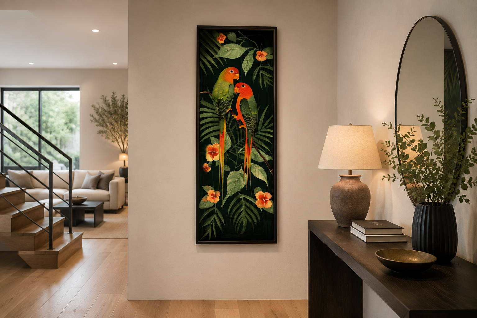 Tall Vertical Tropical Birds In Jungle Leaves Framed Canvas Wall Art
