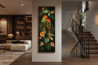 Tall Vertical Tropical Birds In Jungle Leaves Framed Canvas Wall Art