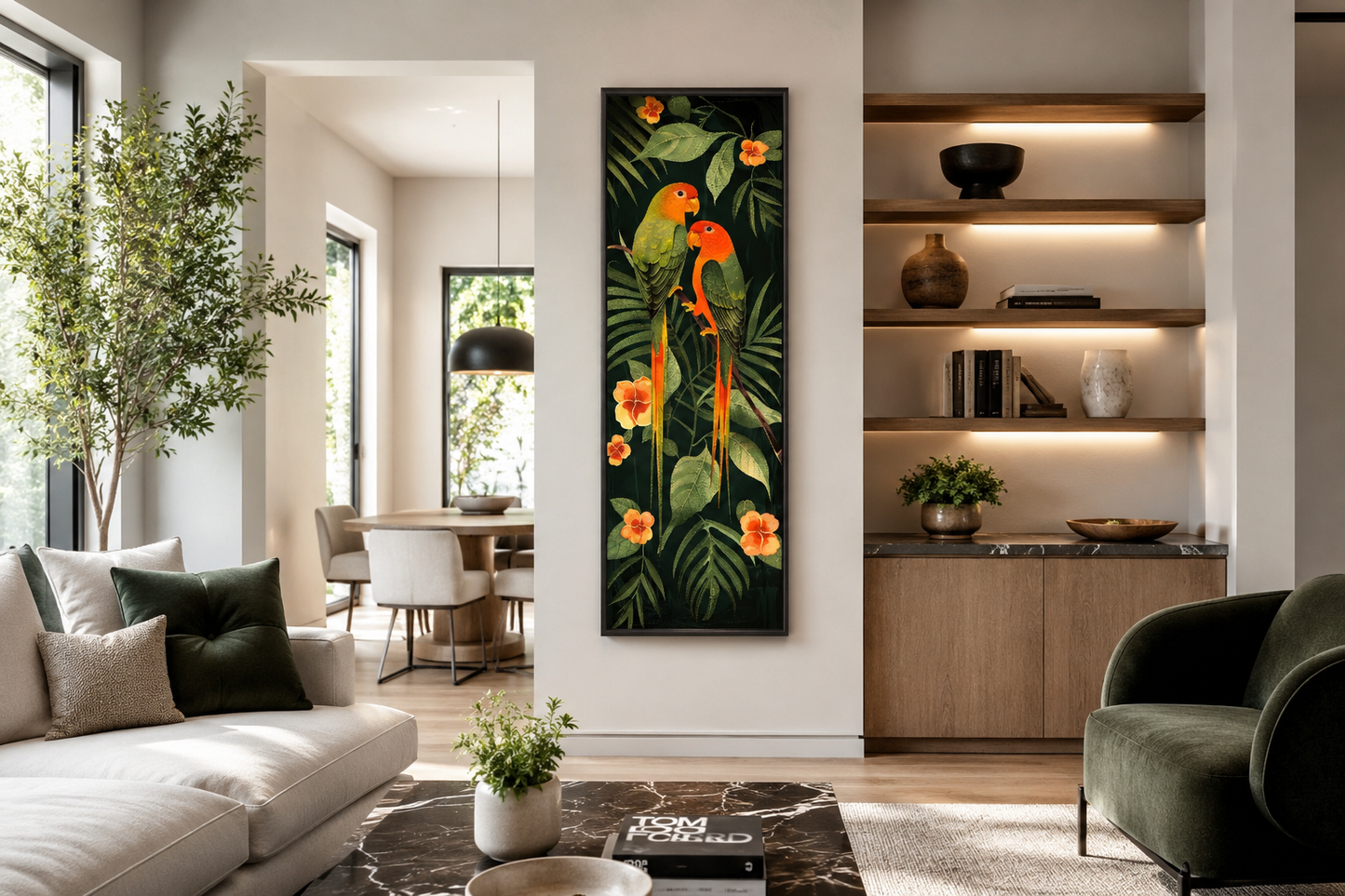 Tall Vertical Tropical Birds In Jungle Leaves Framed Canvas Wall Art