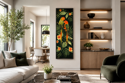 Tall Vertical Tropical Birds In Jungle Leaves Framed Canvas Wall Art
