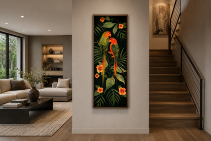 Tall Vertical Tropical Birds In Jungle Leaves Framed Canvas Wall Art