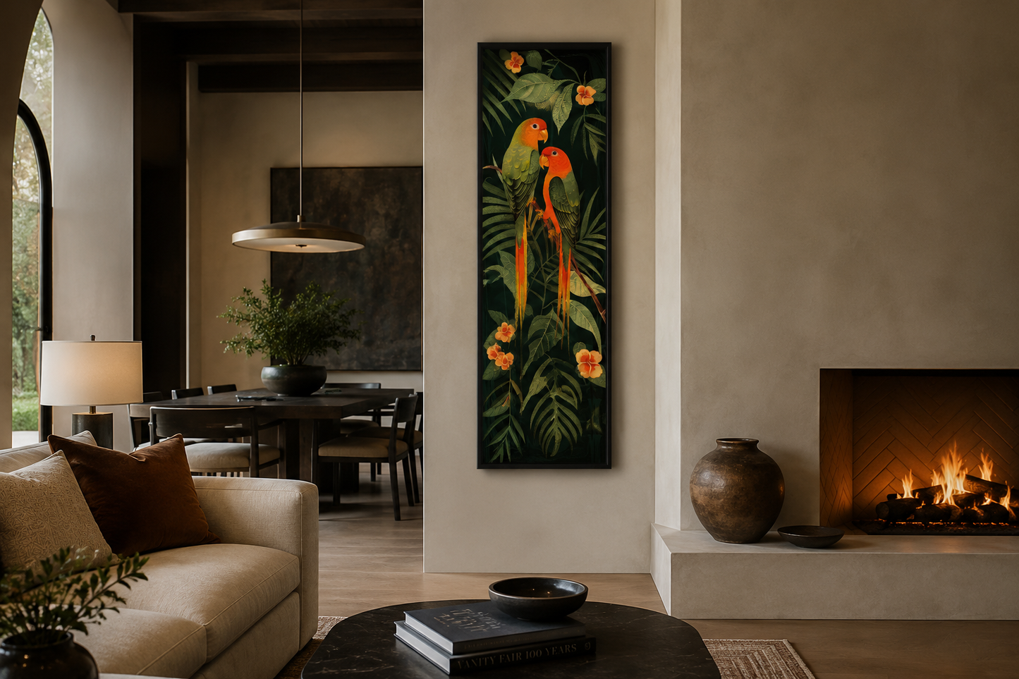 Tall Vertical Tropical Birds In Jungle Leaves Framed Canvas Wall Art