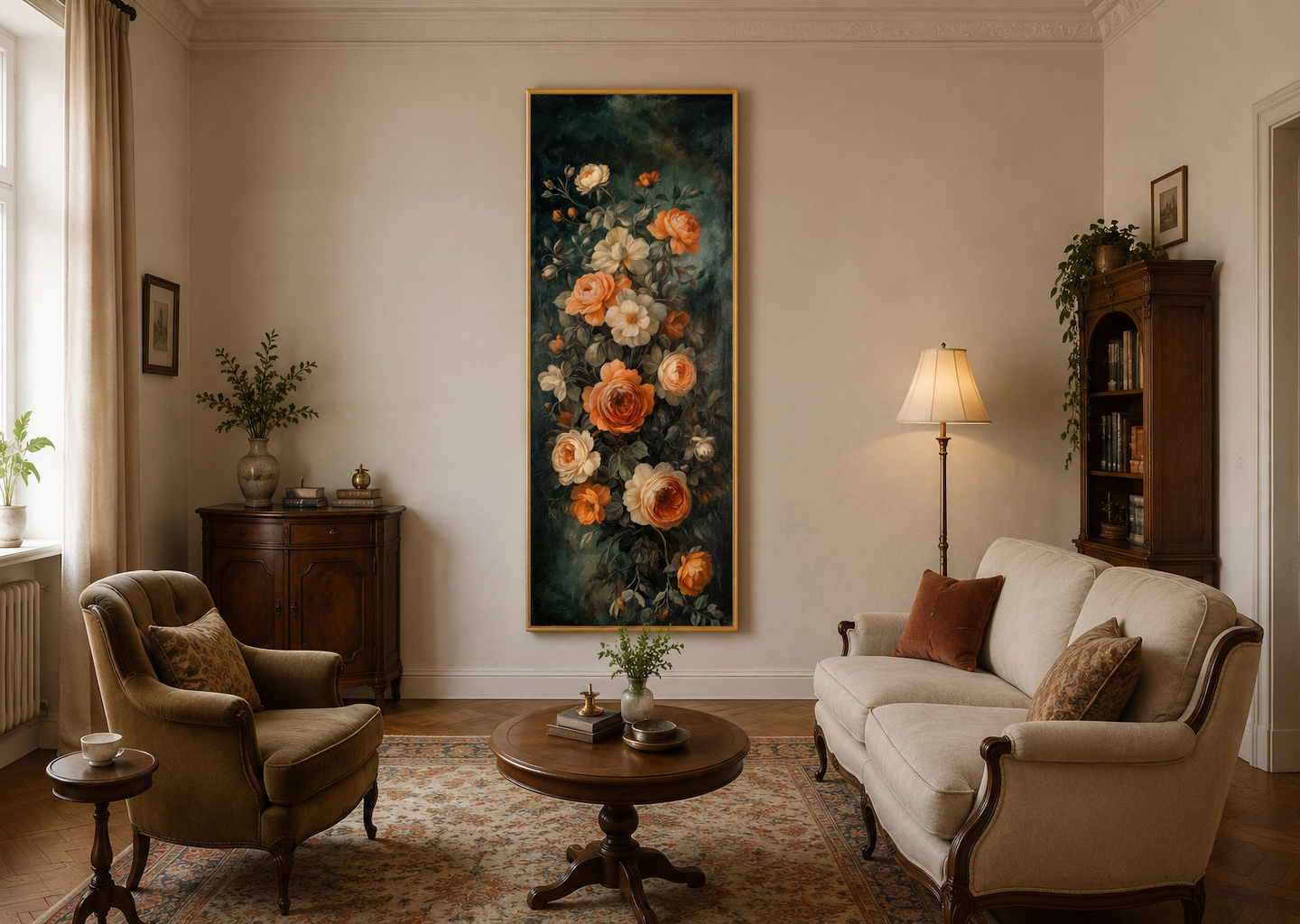 Tall Vertical Vintage Tapestry Floral Canvas Wall Art