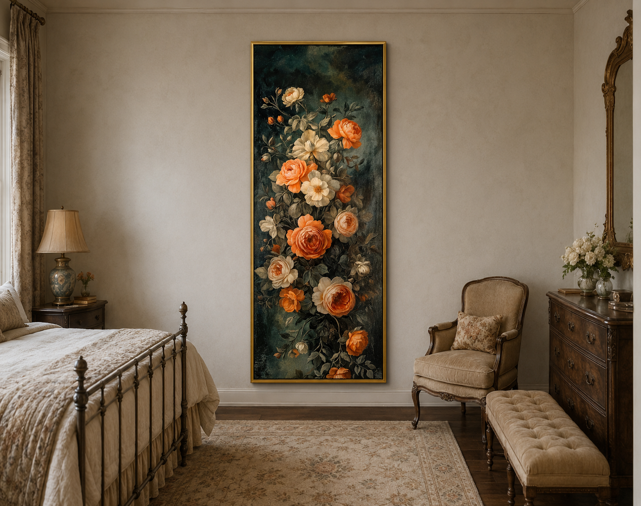 Tall Vertical Vintage Tapestry Floral Canvas Wall Art