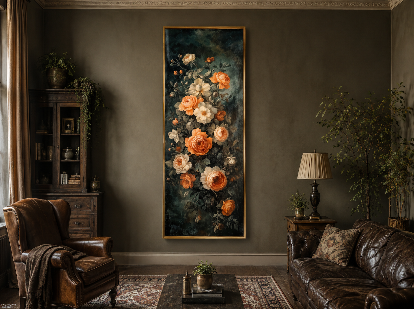 Tall Vertical Vintage Tapestry Floral Canvas Wall Art