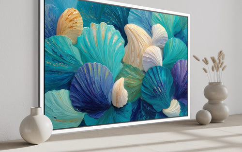 Teal Blue Aqua Shell Abstract Wall Art For Coastal Bathroom Decor