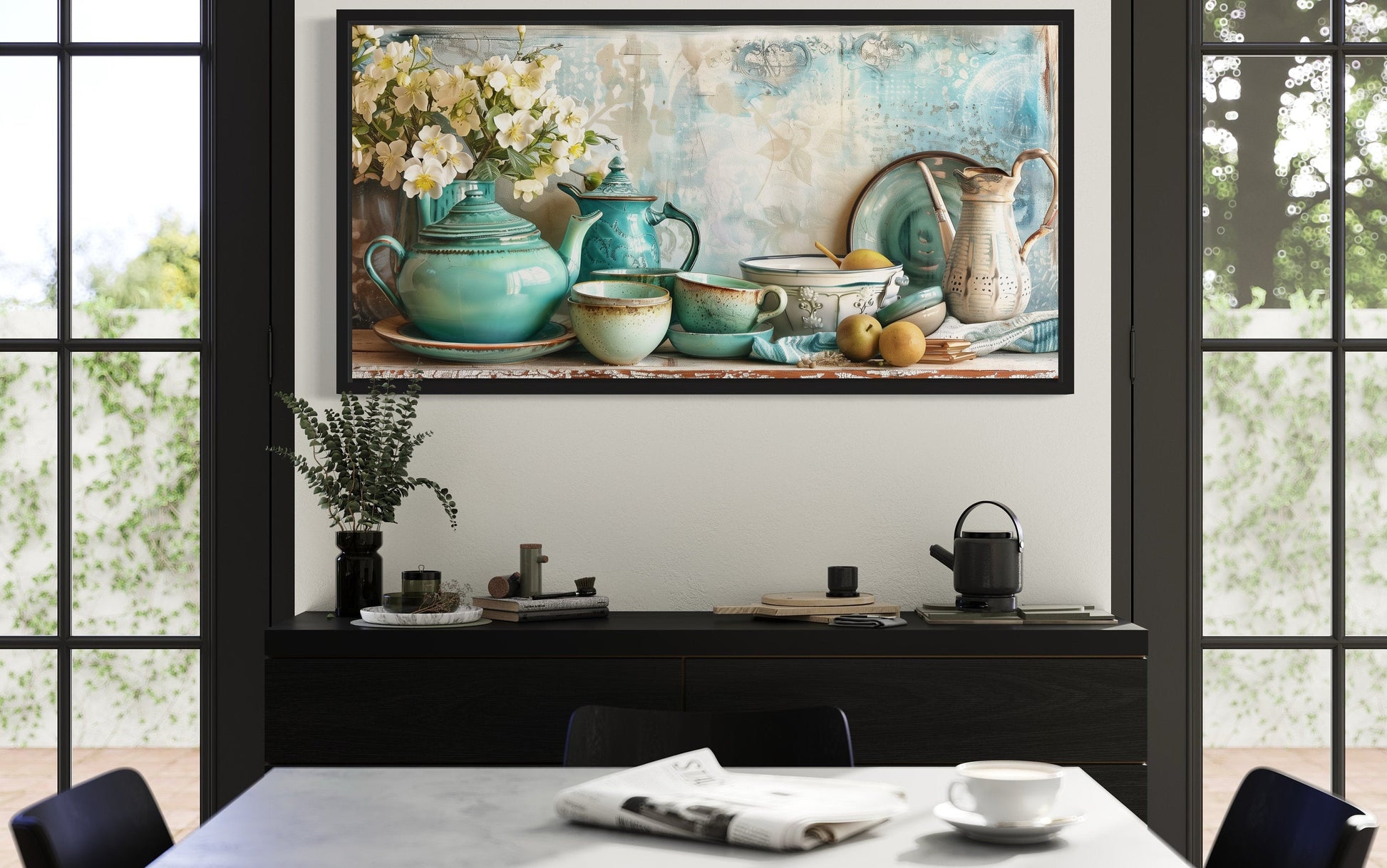 Teal Kitchenware Wall Art – Farmhouse Kitchen Canvas | Rustic Framed Decor