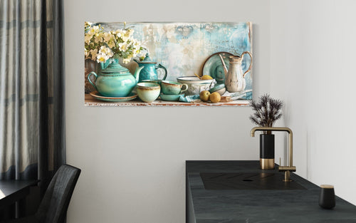Teal Kitchenware Wall Art – Farmhouse Kitchen Canvas | Rustic Framed Decor