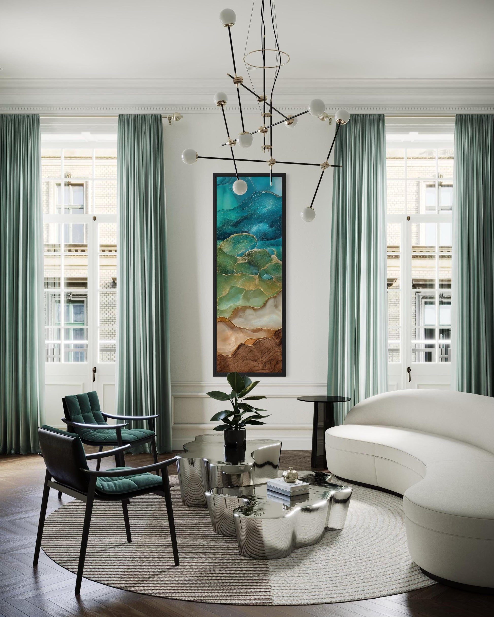 Teal and Gold Tall Narrow Abstract Canvas Wall Art