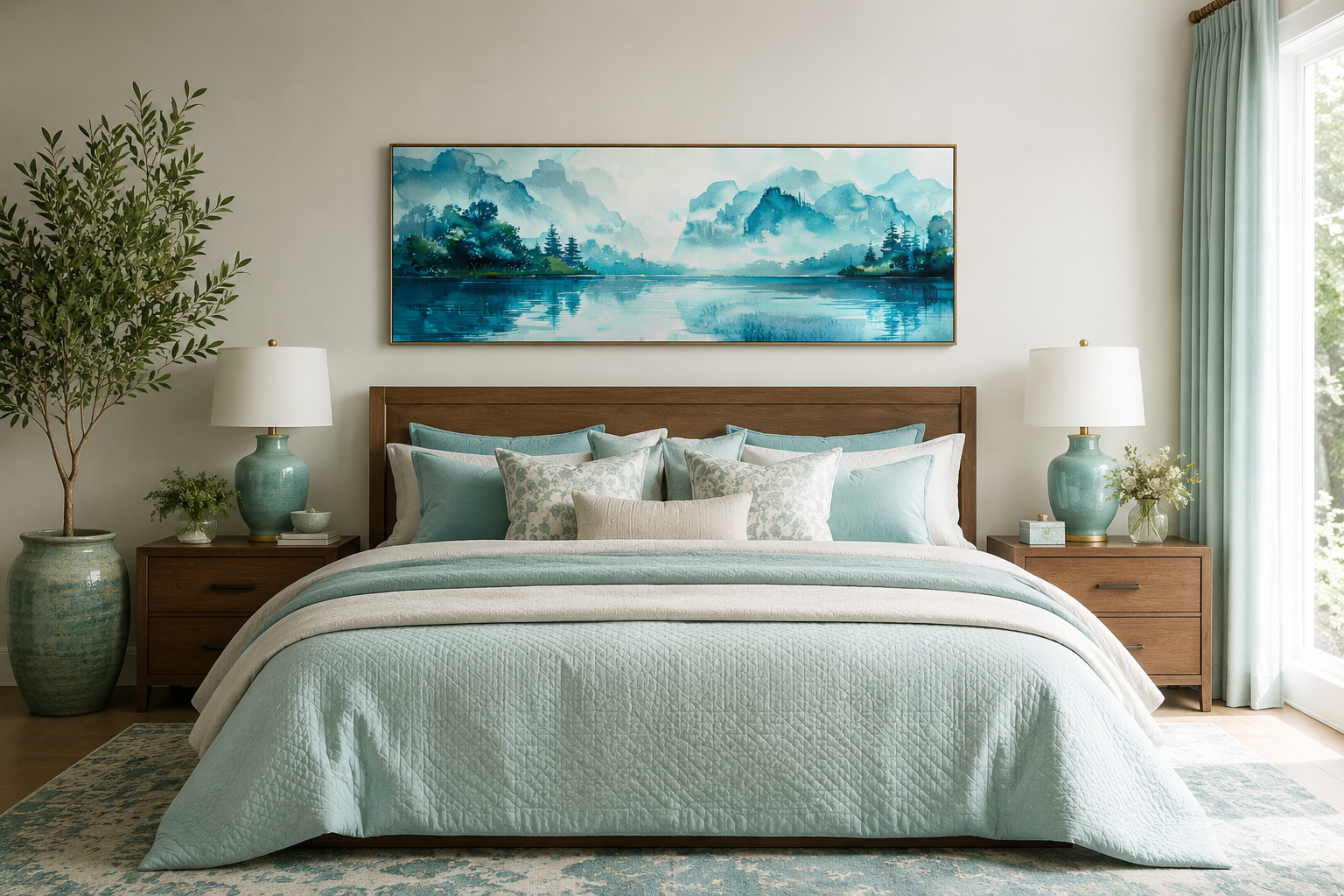 Teal Mountain Lake Horizontal Above Bed Canvas Wall Art