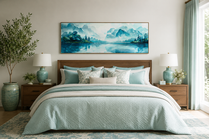 Teal Mountain Lake Horizontal Above Bed Canvas Wall Art