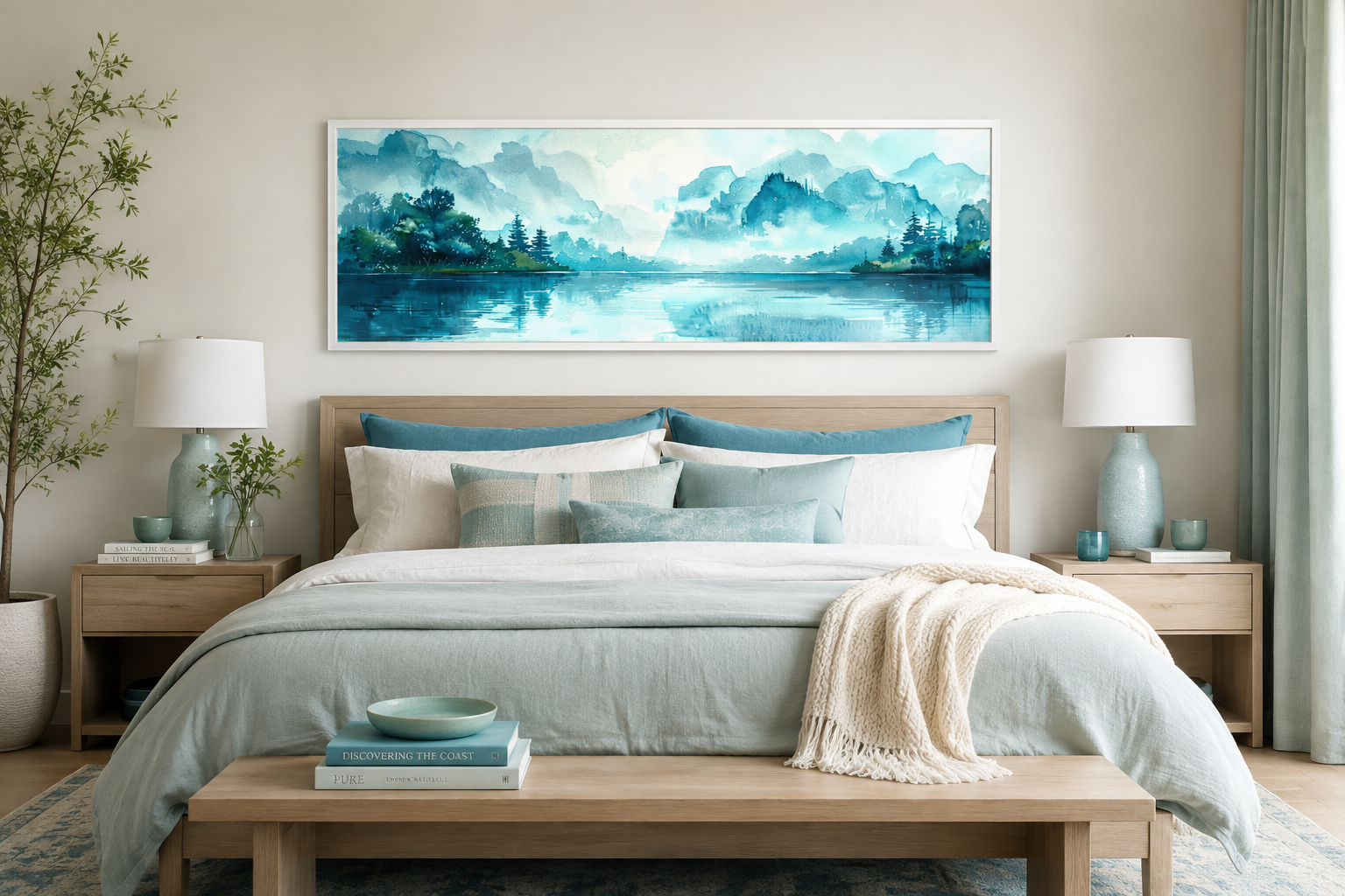 Teal Mountain Lake Horizontal Above Bed Canvas Wall Art