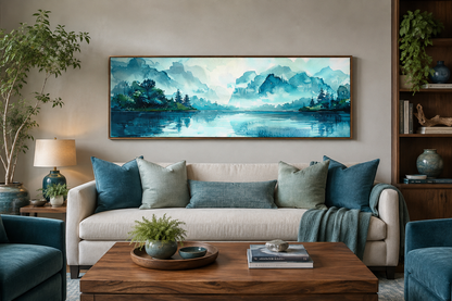 Teal Mountain Lake Horizontal Above Bed Canvas Wall Art