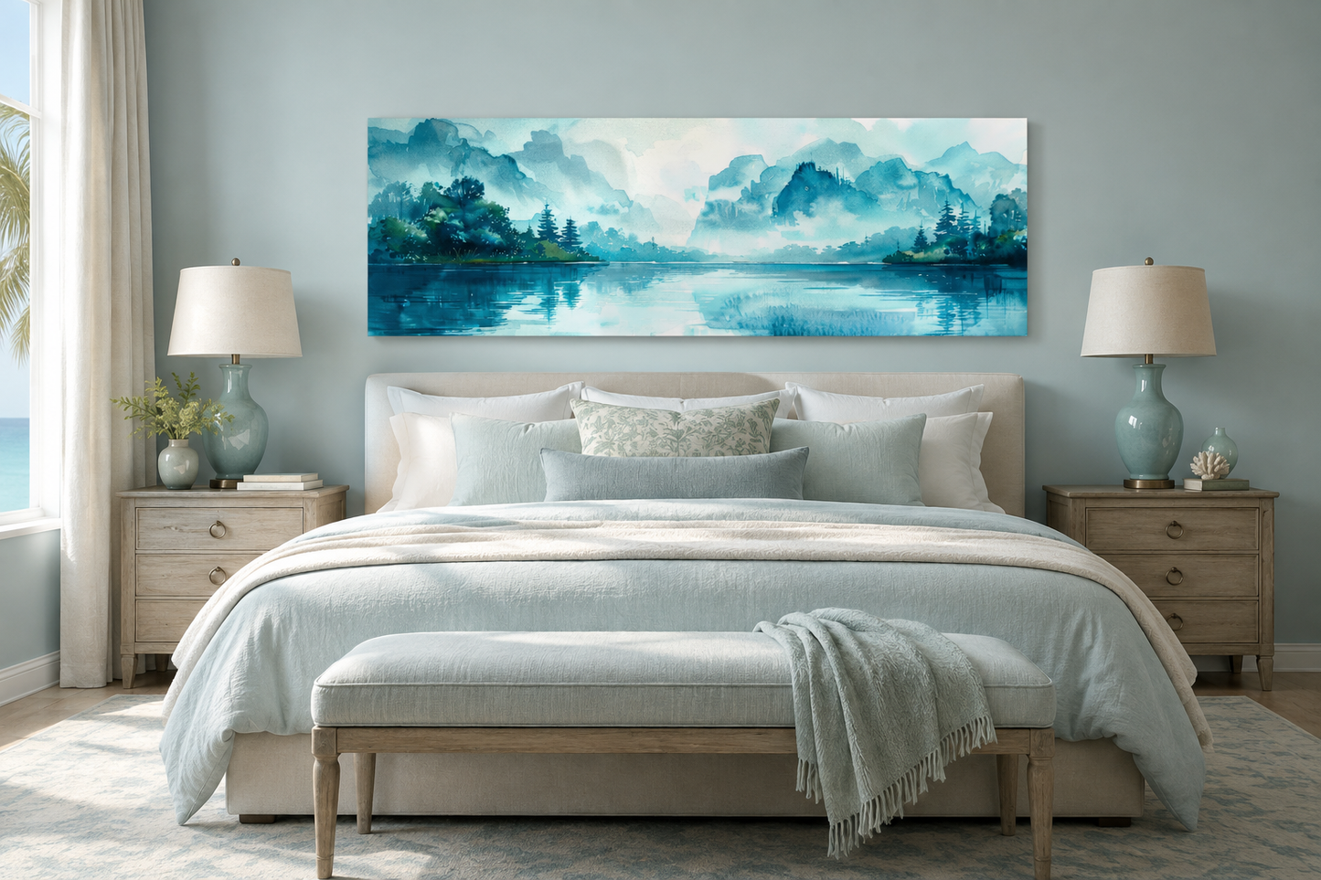Teal Mountain Lake Horizontal Above Bed Canvas Wall Art