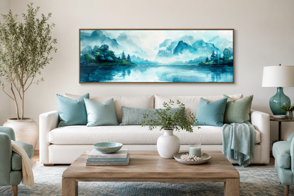 Teal Mountain Lake Horizontal Above Bed Canvas Wall Art