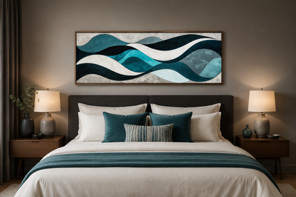Teal Blue Grey Abstract Waves Above Bed Long Horizontal Wall Art