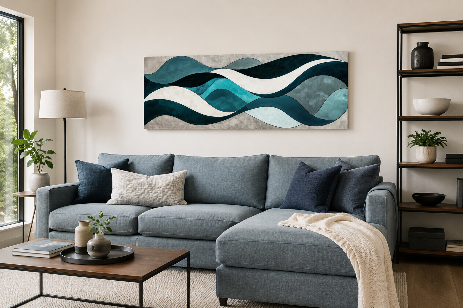 Teal Blue Grey Abstract Waves Above Bed Long Horizontal Wall Art