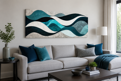 Teal Blue Grey Abstract Waves Above Bed Long Horizontal Wall Art