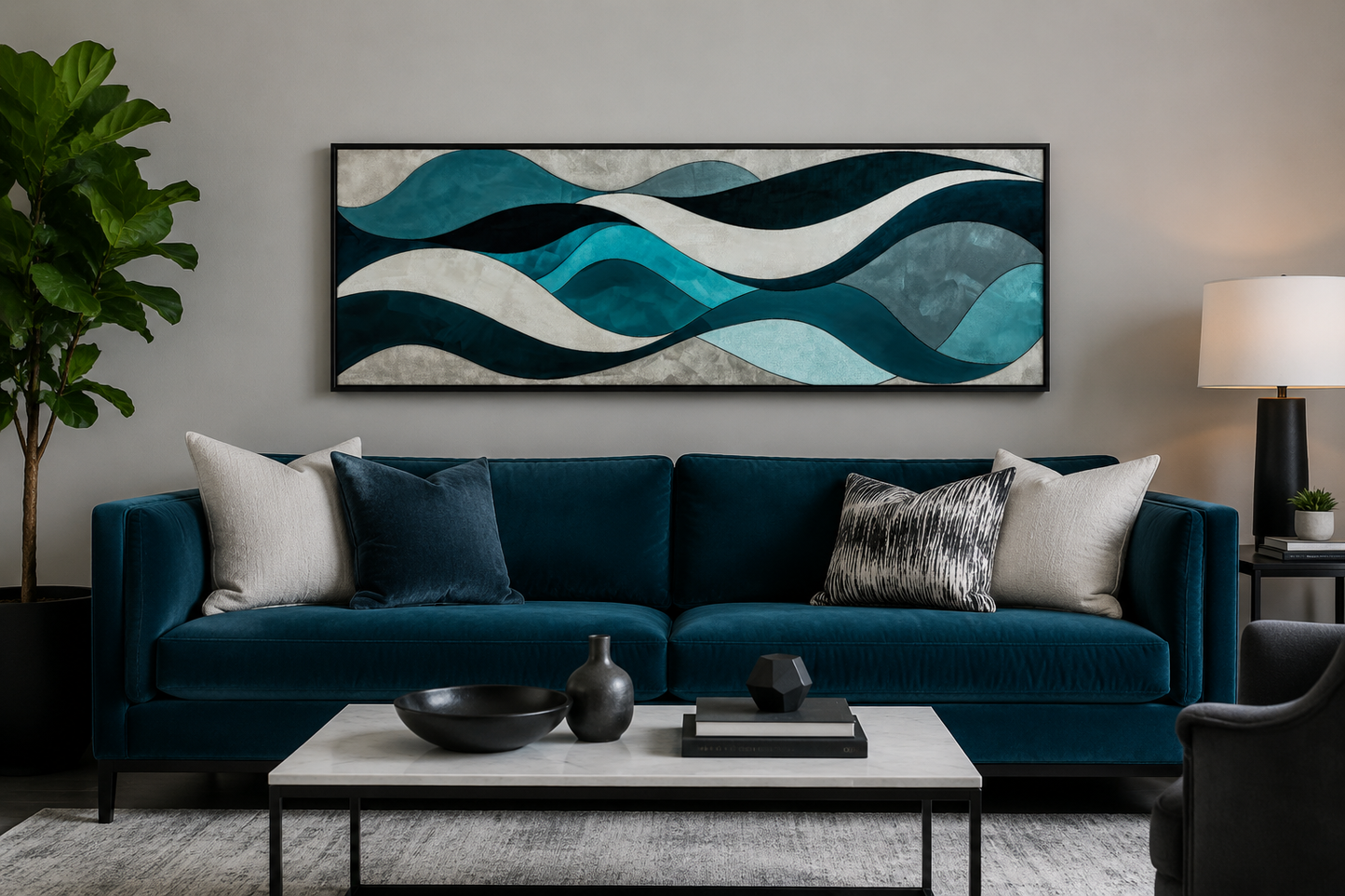 Teal Blue Grey Abstract Waves Above Bed Long Horizontal Wall Art