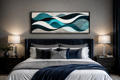 Teal Blue Grey Abstract Waves Above Bed Long Horizontal Wall Art