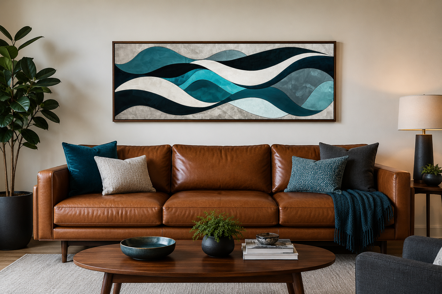 Teal Blue Grey Abstract Waves Above Bed Long Horizontal Wall Art